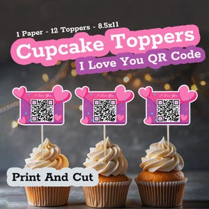 Peut inclure: Douze décorations de cupcakes roses et violettes avec un code QR qui dit "Je t'aime". Les décorations sont sur des cure-dents et sont prêtes à être imprimées et découpées.