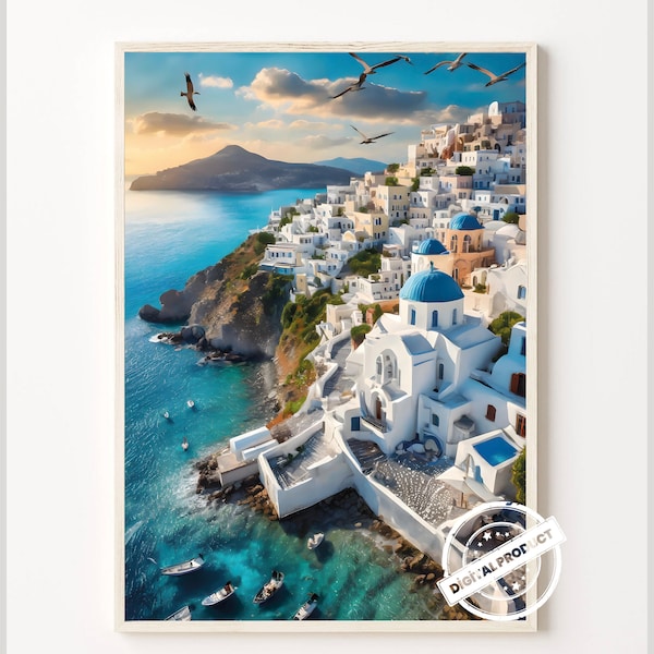 Greece Printable Wall Art, Greek Islands Landscape, Digital Download A0, High Quality JPG Watercolor, Romantic Greece Print, Ai Generated