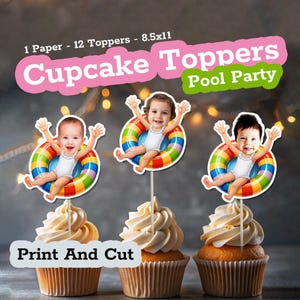 Summer Pool Party Girl Face Cupcake Toppers – Personalized Printable Decor, Hello Summer Vibes, Pool Party Favor, Summer Table Decor