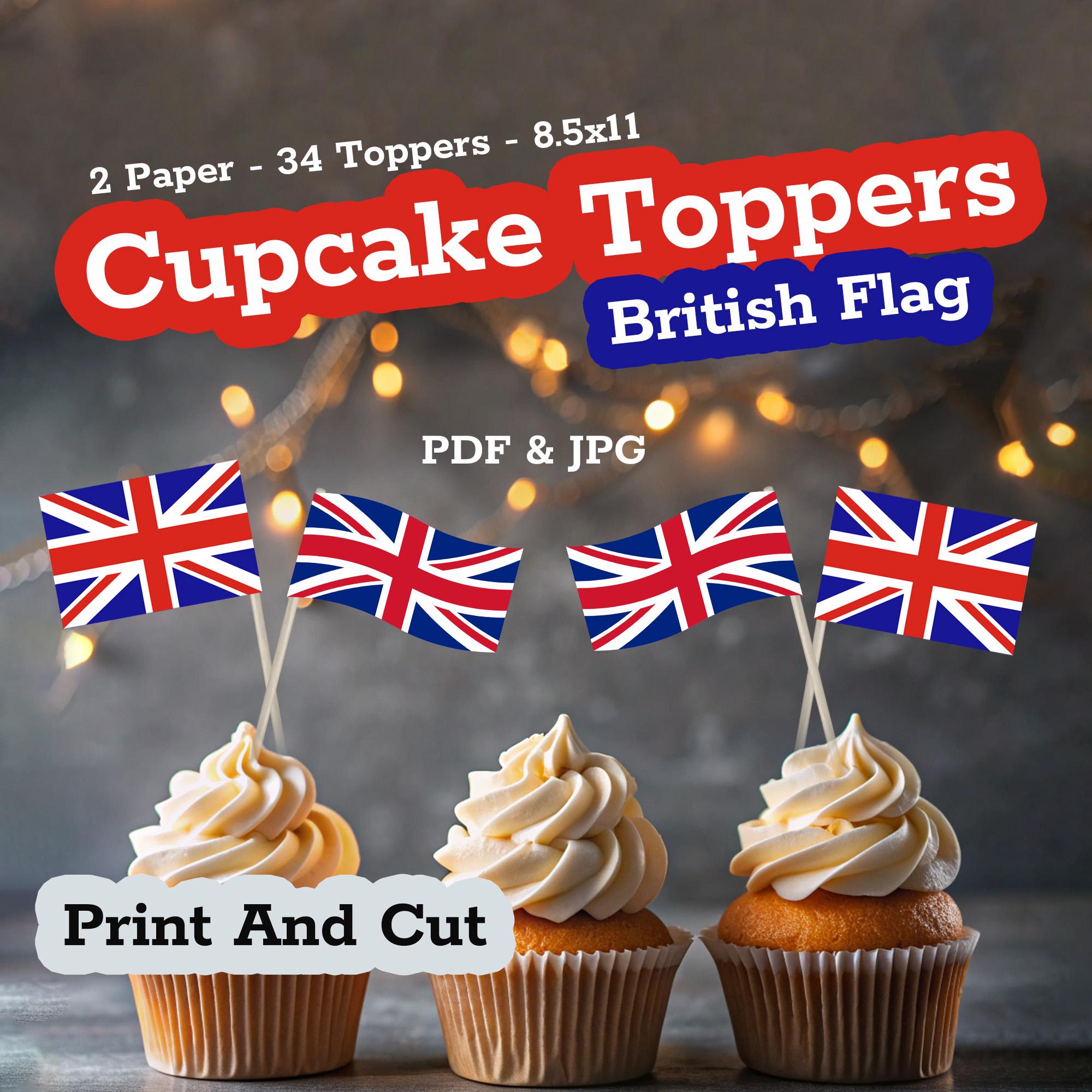 Confezione da 40 topper per cupcake con bandiera britannica per stuzzicadenti per cocktail e stoviglie, forniture per feste per il compleanno del re, Charles III, decorazioni britanniche