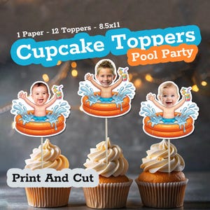 May include: Three cupcake toppers featuring illustrations of children in orange inflatable pools with blue water splashes and colorful drinks. The text reads 1 Paper - 12 Toppers - 8.5x11, Cupcake Toppers, Pool Party, and Print And Cut on a dark background.