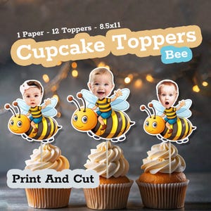 Personalized BEE Face Cupcake Toppers, Custom Baby Face for Bee 1st Birthday or Bee Baby Shower, Bee Theme Party Decor & Cupcake Topper Face