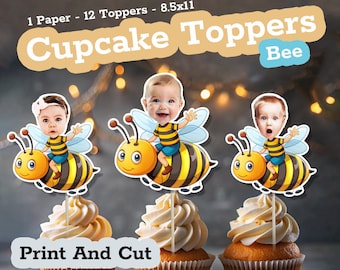 Personalized BEE Face Cupcake Toppers, Custom Baby Face for Bee 1st Birthday or Bee Baby Shower, Bee Theme Party Decor & Cupcake Topper Face