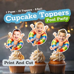 Summer Pool Party Personalized Face Cupcake Toppers – Fun in the Sun, Custom Photo Decor, Pool Party Favor, Beach Birthday Topper