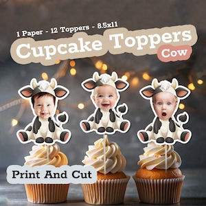 Topper per cupcake con foto di mucca personalizzati, ritaglio personalizzato del viso di un bambino per la festa di compleanno della mucca o baby shower, bomboniere e decorazioni per mucche, toppers Muu