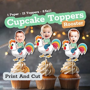 Personalized ROOSTER Cupcake Toppers, Baby Face Cupcake Topper for Rooster Birthday, Custom Cupcake Toppers Face, Decor & Party Favors