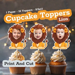Topper per cupcake personalizzati con faccia di LEONE, faccia personalizzata su bastoncino per baby shower o feste di compleanno di leone, topper per cupcake con foto personalizzata