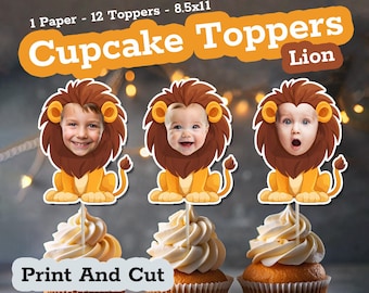 Personalized LION Face Cupcake Toppers, Custom Face on a Stick for Lion Baby Shower or Birthday Parties, Custom Photo Cupcake Topper