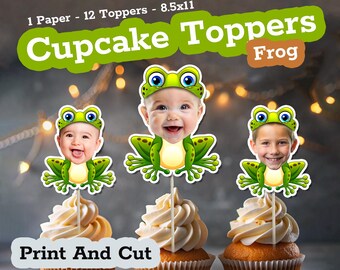 Green Baby Frog Face Cupcake Toppers – Custom Photo, First Birthday Decor, Frog Party Favor, Cute Frog Theme, Trending Birthday Idea