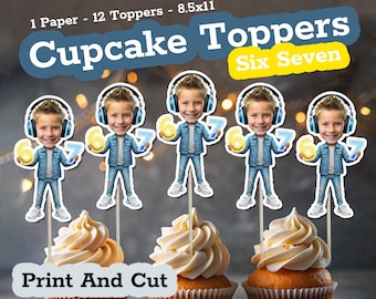 Personalisierte Cupcake-Topper mit Six Seven-Gesichtern zum Ausdrucken • 67-Meme-Deko für junge Gamer • Individuelle Foto-Geburtstagsgeschenke, Download zum Ausdrucken