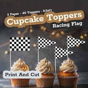 May include: A set of 40 black and white checkered racing flag cupcake toppers. The toppers are printed on 8.5x11 inch paper and are ready to be cut out. The text "Print And Cut" is visible in the image.