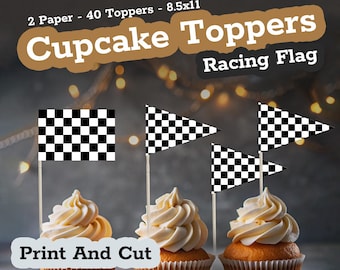 Racing Flag Cupcake Toppers Set - Checkered Finish Line Party Decor - 40 Pack, Instant Download