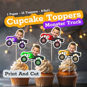 MONSTER TRUCK Printable Personalized Face Cupcake Toppers, Custom Photo Birthday Party Supplies, Monster Jam, Truck Party Decor