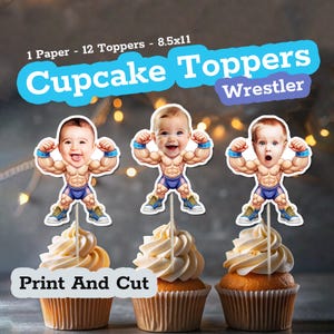 Toppers cupcake personalizzati con faccia di WRESTLER, decorazioni per feste di compleanno sportive stampabili o baby shower, torte per ragazzi personalizzate e bomboniere