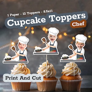 May include: Cupcake toppers featuring a chef theme. The image shows three cupcakes with white frosting and chef-themed toppers. The toppers depict a child chef with a spatula and pan. Text on the image reads "Cupcake Toppers Chef" and "Print And Cut".