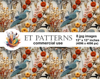 Broderie d'oiseaux et de fleurs sauvages | Modèles sans couture | Paquet de papier numérique floral brodé | Impression sur tissu | Scrapbooking | Artisanat | Bricolage