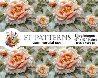 Vintage Peonies Embroidery | Seamless Patterns | Embroidered Floral Digital Paper Pack | Fabric Printing | Scrapbooking | Crafts | Diy