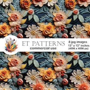 Romantic Flower Embroidery, Plant Embroidery, Seamless Patterns, Floral Digital Paper Pack, Fabric Printing, Scrapbooking, Crafts, Diy