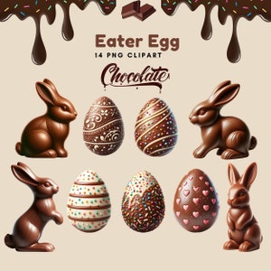 Puede incluir: Huevos de Pascua de chocolate con varios diseños, incluyendo corazones, chispas y remolinos. También hay conejos de chocolate en la imagen. El texto "Easter Egg 14 PNG CLIPART Chocolate" está en la parte superior de la imagen.