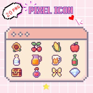 Op de afbeelding: Een pixel art afbeelding met de tekst "PIXEL ICON" en "20 PNG". De afbeelding toont een venster met verschillende gepixelde iconen, waaronder een zonnebloem, kersen, maïs, een appel, een melkfles, een sapkan, een bierpul en een diamant.