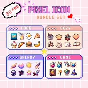 Pixel Art Icon Emote Pack: Food, Cozy, Galaxy & Games (80 PNG Files)