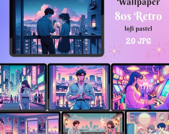 vintage 80s Cityscape Wallpaper lofi Set - Pastel Aesthetic, 20 JPG Pack