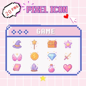 Puede incluir: Gráfico de pixel art con el texto "PIXEL ICON" y "20 PNG". La imagen presenta una ventana de juego rosa y azul con iconos de sombrero de mago, varita, cofre del tesoro, estrella, alas, moneda, diamante, espada, libro, cristales, poción y corazón.