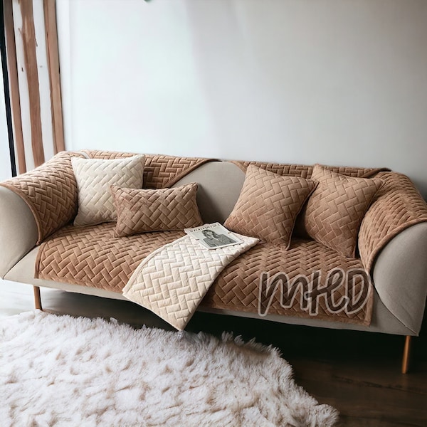 Non Slip Zigzag Pattern Couch Cover - Sofa Topper for Dog, Zigzag Style Sofa Cover, Zigzag Design Couch Cover, Velvet Style Slipcover