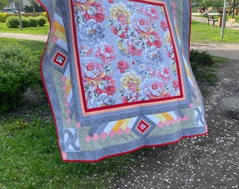 Handmade patchwork quilt - Summer garden,king size,original,home decor,gray, green, red, pink, beige,gift, birthday, for her, for him