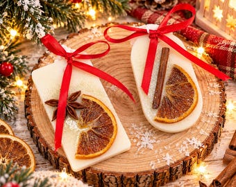 May include: Two white wax ornaments shaped like a rectangle and an oval, each decorated with a dried orange slice and a red ribbon bow. The rectangular ornament features a star anise, while the oval ornament includes a cinnamon stick.