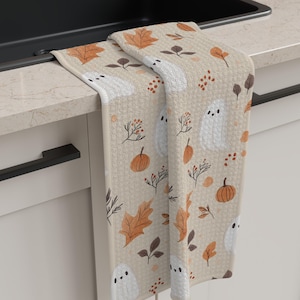 Ghosts Leaves and Pumpkin Microfiber Waffle Tea Towel, Autumn Decor Kitchen Towel, Thanksgiving Kitchen Decor, Cottage Core Decor, Halloween
