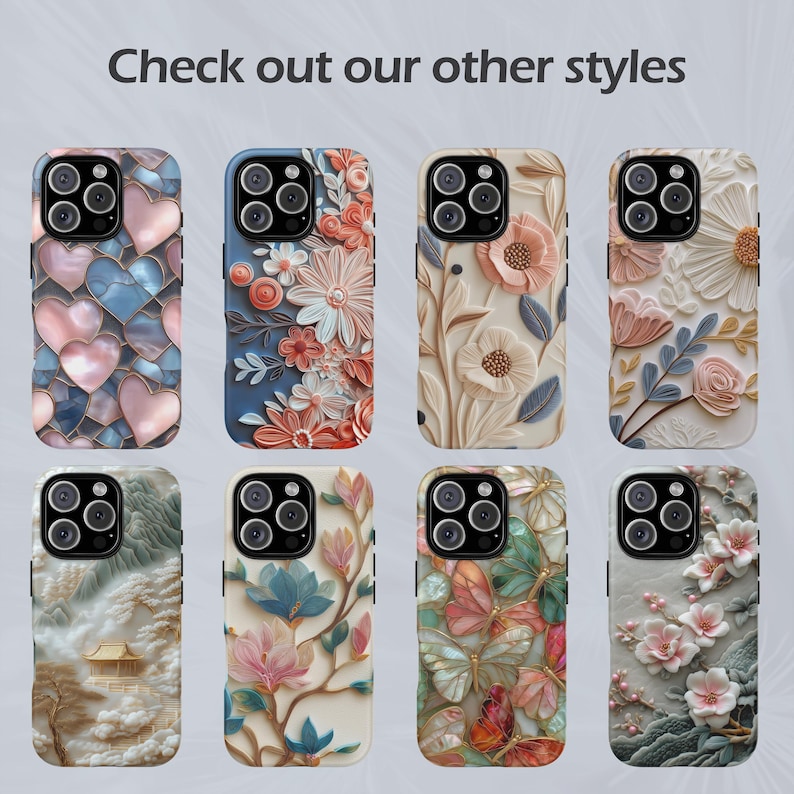 Puede incluir: Colecci&oacute;n de fundas para tel&eacute;fonos con varios dise&ntilde;os. Las fundas presentan patrones florales, de coraz&oacute;n y de paisaje en relieve en tonos rosa, azul y beige. El texto "Check out our other styles" est&aacute; en la parte superior.