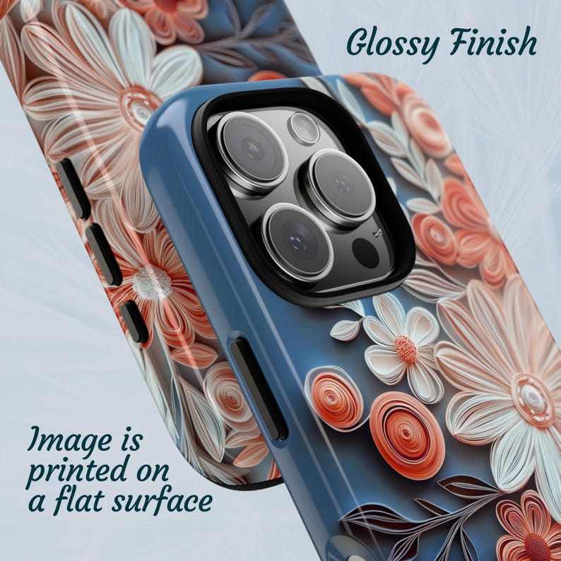 Pu&ograve; includere: Una custodia per telefono blu con un design floreale. La custodia ha una finitura lucida e l'immagine &egrave; stampata su una superficie piatta. "Glossy Finish" &egrave; scritto in bianco nella parte superiore dell'immagine.