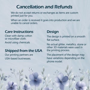 Pu&ograve; includere: Testo su uno sfondo bianco con un motivo floreale blu. Il testo recita "Cancellation and Refunds", "Care Instructions", "Shipped from the USA" e "Design".
