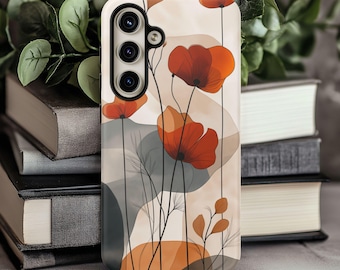 May include: A phone case with a floral design featuring red, orange, and white flowers on a cream background. The case has a cutout for a triple lens camera.