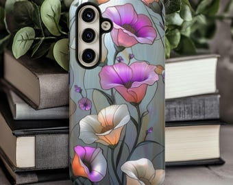Funda para teléfono con diseño floral de vitral sintético, estética morada, resistente, compatible con iPhone 16, 15, 14, 13, 12, Samsung S23, S24, S25 Ultra Plus y Google Pixel.