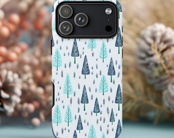 May include: A white phone case with a winter forest pattern. The design features stylized blue and teal trees and small gray accents. The case has a black camera module.