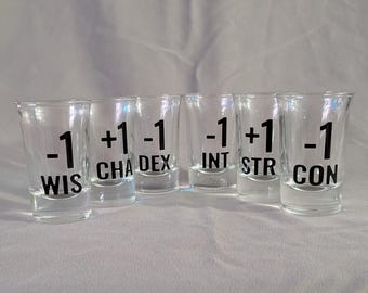 Ability Modifier Shot Glasses - RPG, TTRPG Shot Glass Set for Dungeon Masters, Game Masters, DnD Players, more