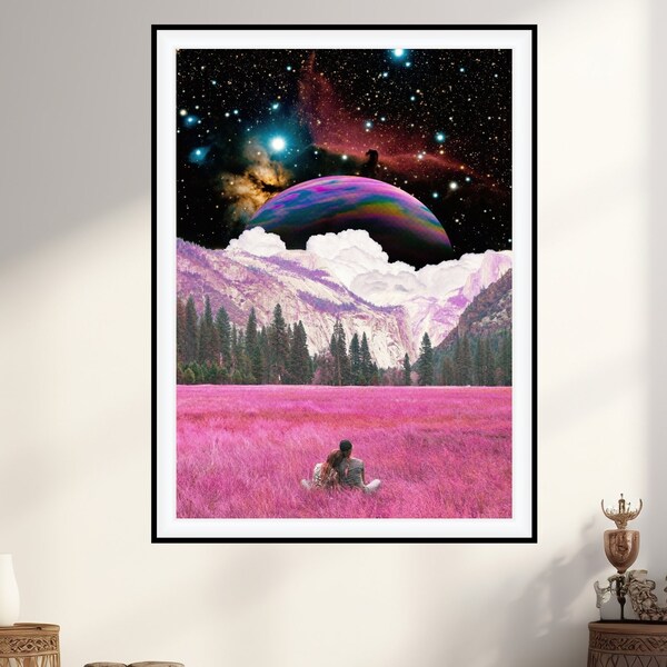 space poster couple in cosmic landscape print surreal art retro futurism digital download collage print