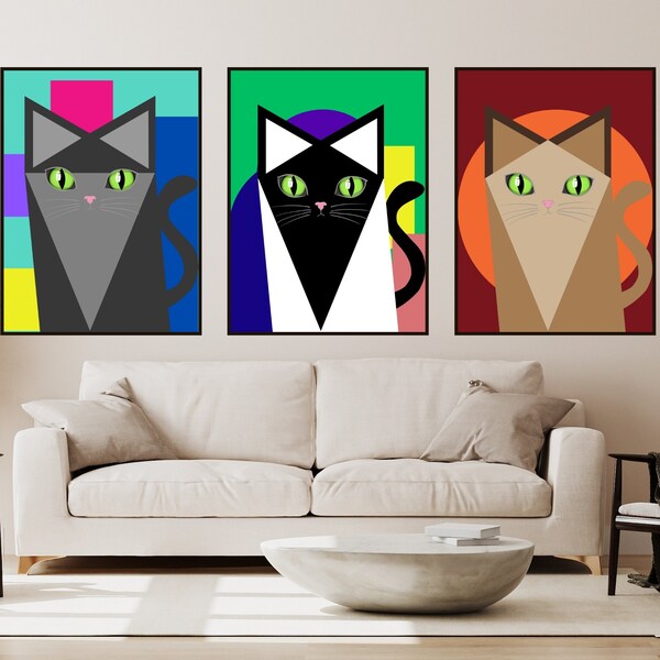 Abstract Cat Set of 3 Prints - Colorful Digital Art, Geometric Backdrops, Feline Decor