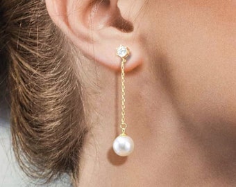 Longues boucles d'oreilles pendantes avec perles Boucles d'oreilles pour le jour du mariage Boucles d'oreilles pendantes en or 14 carats CZ Boucles d'oreilles en perles Bijoux en perles pour femmes