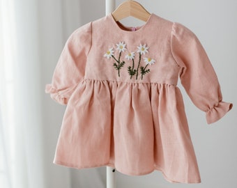 Pink Linen Baby Dress | Long Sleeve Linen Dress | Embroidered Floral Dress | Toddler Spring Dress | Flower Girl Dress | Baby Shower Gift