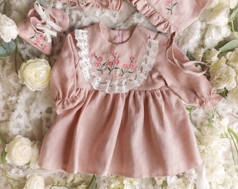 Pink Embroidered Linen Dress, Floral Embroidery Baby Girl Dress, Flower girl Birthday Dress, Puff Sleeves Frills Dress, 1st birthday outfit