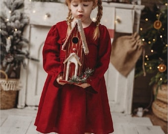 Red Linen girl dress, Baptism dress, Retro Outfit,  Christening long sleeve dress, Holiday Winter Photoshoot Party