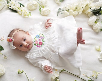 White Linen Baby Baptism Dress | Long Sleeve Linen Dress | Embroidered Floral Dress | Toddler Spring Dress | Flower Girl | Baby Shower Gift