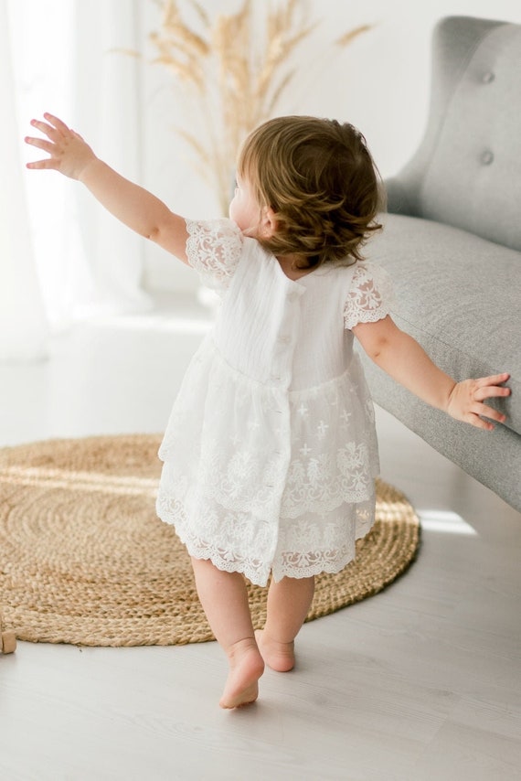 White Organic Cotton Muslin Dress, Baby Blessing Dress, Baptism and 1st birthday Dress, Classic Girl Dress, Christening dress