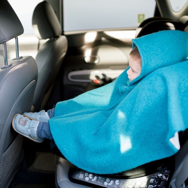 Winter Car Seat Poncho for Kids, Soft Boiled Wool Poncho Cape, Toddler Carseat Cover Blanket, Handmade Hooded Wheelchair Poncho