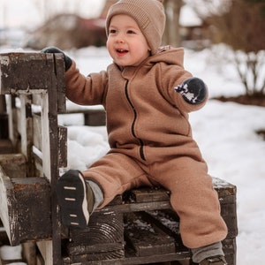 Brown Kids Overalls Warm Wool Toddler Bunting Romper Onepiece Unisex Zip Up Coverall, Baby Snowsuit Fully Lined, Pram Suit