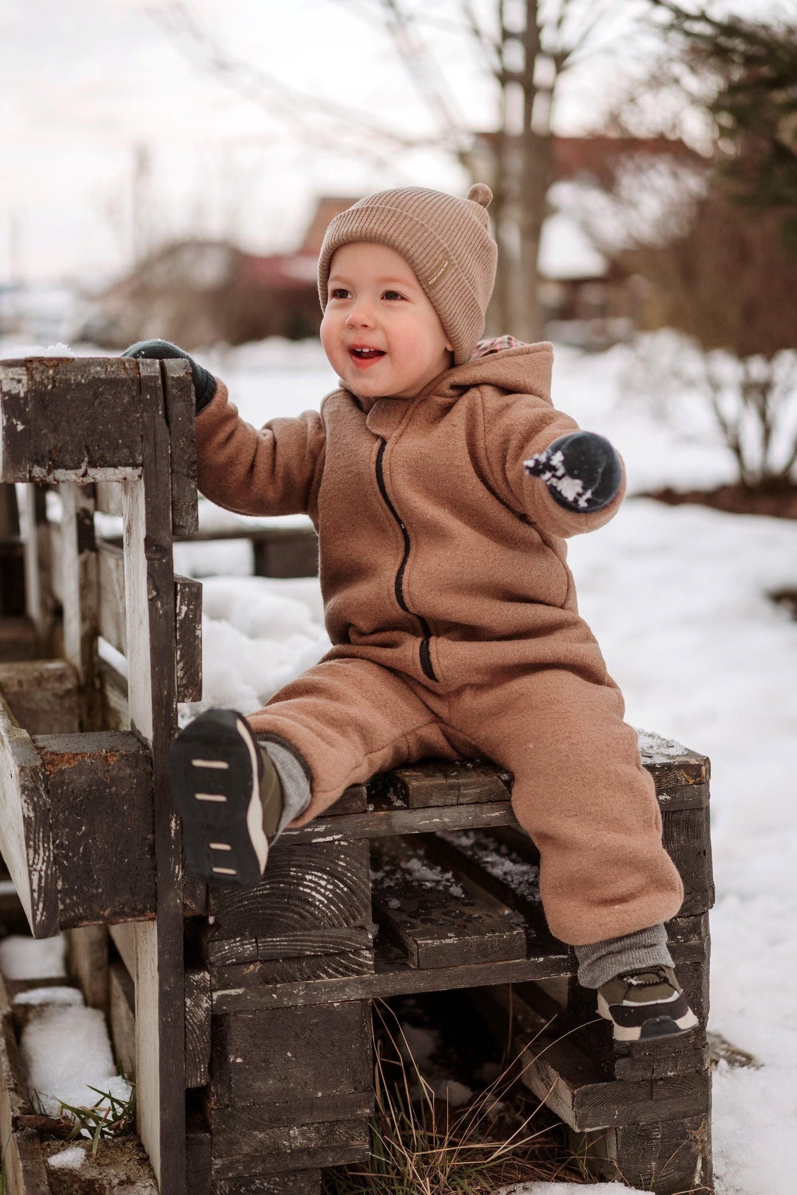 Brown Kids Overalls Warm Wool Toddler Bunting Romper Onepiece Unisex ...