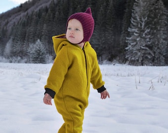 Kids Overalls Warm Wool Toddler Overall With Hood, Mustard Yellow, One piece Unisex Zip Up Coverall, Baby Snowsuit Fully Lined, Pram Suit